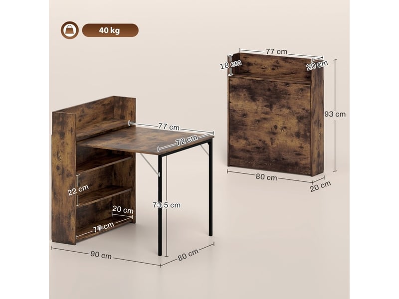 Table de salle à manger pliante avec 3 étagères en mdf marron rustique, style industriel pour petits espaces - Conforama C
