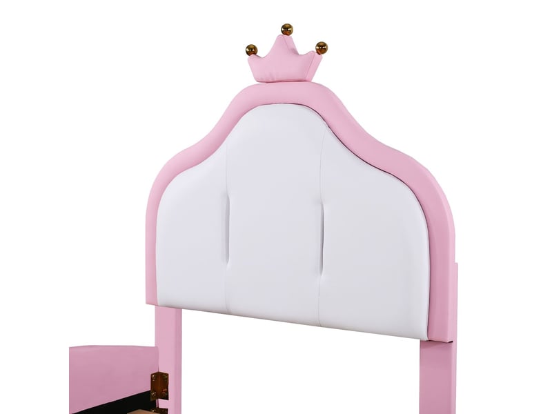  Lit une personne 90x200, lit rembourré similicuir, tête de lit couronne, design bicolore blanc rose, surface facile d'entretien, structure robuste  - Conforama D