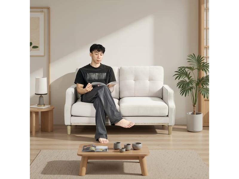 Canapé droit 2 places beige en tissu 135 x 72 x 85 cm avec port usb et pieds en bois pour petit appartement W3423S00002 - Conforama W
