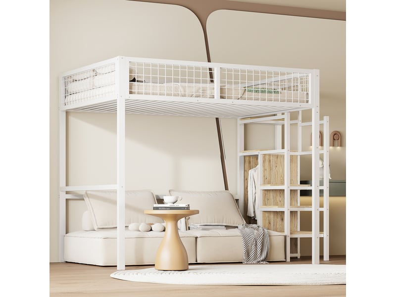  Lit mezzanine enfant 140 x 200 cm en métal avec échelle, armoire et garde-corps blanc  - Conforama D