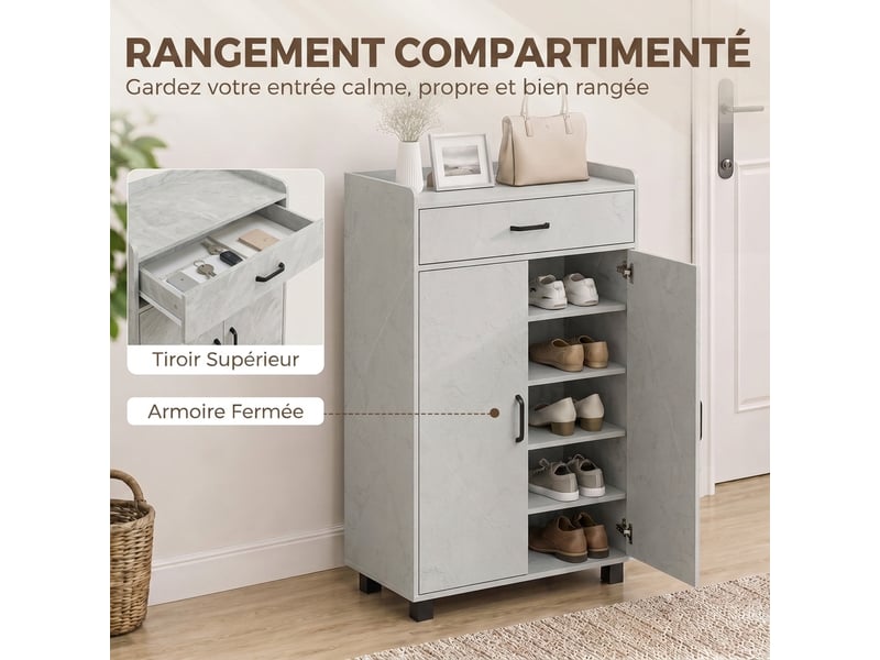  Meuble à chaussures 2 portes 1 tiroir étagères réglables gris 62,5x35x95 cm  - Conforama D