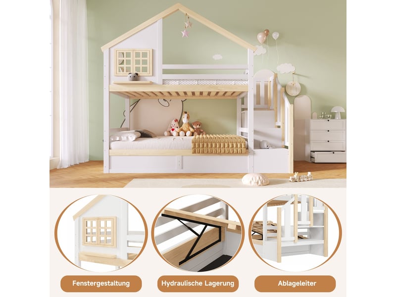  Lit superposé 90 x 200 cm structure hydraulique barrière de lit rangement sous le lit décoration de fenêtre et maison blanc et naturel  - Conforama E