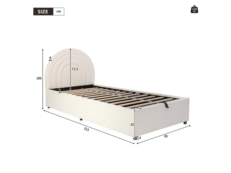  Lit rembourré 90 x 200 cm, lit enfant, lit simple avec sommier à lattes et tête de lit, lit junior, convient aux adultes et adolescents, lattes en bois, montage facile, bouclé, beige  - Conforama C