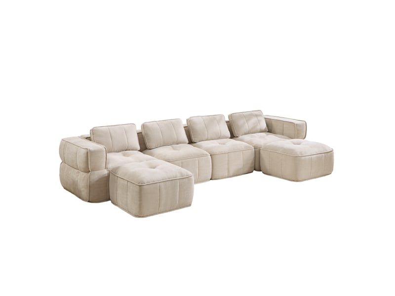  Canapé modulable u 4 places 344x162x67 cm, antiglisse, mousse 32d, 2 poufs, tissu polyester, beige  - Conforama E