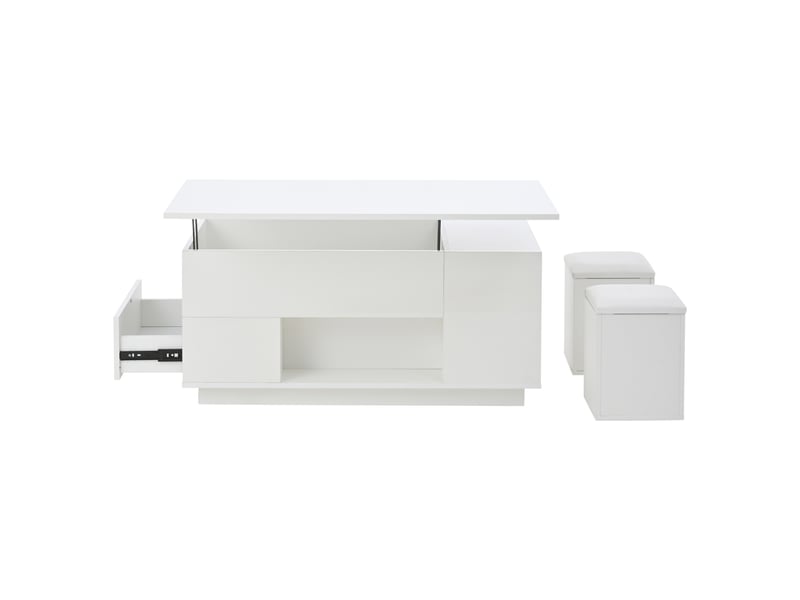  Table basse 4 en 1 (100 x 50 x 45 cm) réglable en hauteur avec éclairage led, table basse avec 2 tiroirs, table d'appoint laquée avec 2 tabourets, table de chevet avec rangement dissimulé, charge maximale 50 kg, blanche  - Conforama E