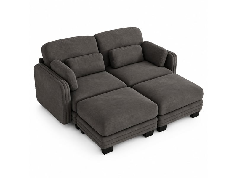  Canapé modulable 2 places en u modenvie avec 2 poufs, revêtement chenille, marron, 176 x 143 x 88 cm  - Conforama A