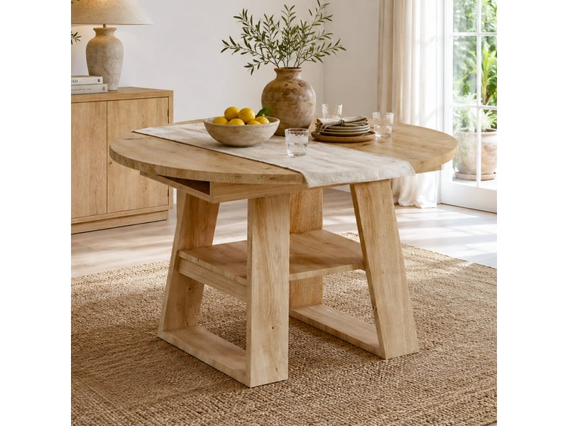 Table à manger extensible 110150 x 110 x 75 cm, 4 à 6 personnes, forme ronde, rangements et étagères intégrés, mdf, chêne Bliss Lite - Conforama E
