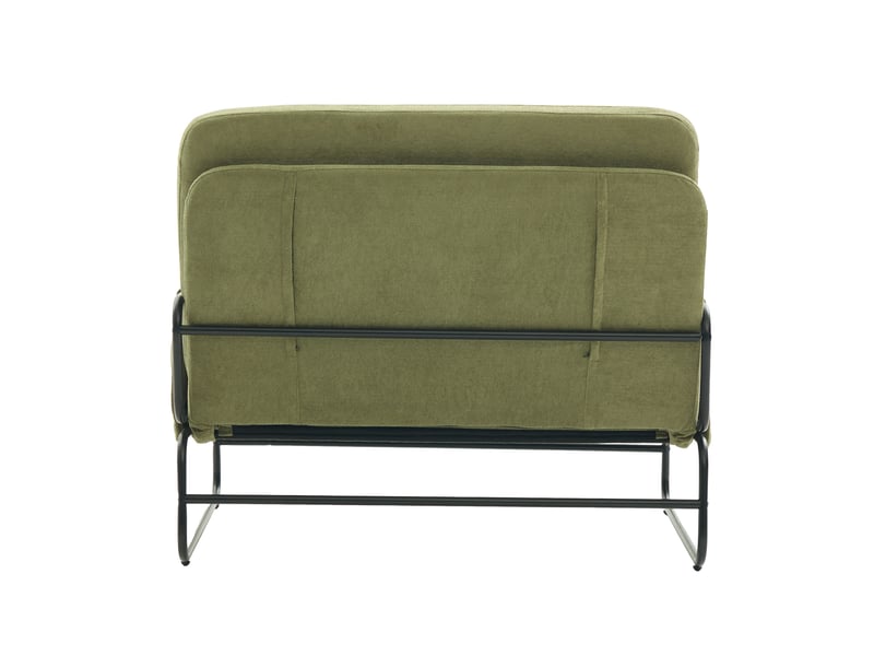 Canapé droit convertible 2 places en tissu vert olive, structure métal et poches latérales, idéal petit espace - Conforama E