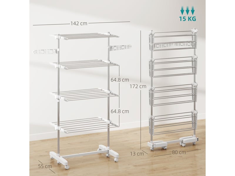  Étendoir à linge vertical pliable en acier et plastique avec 6 roulettes et 4 étagères réglables, 142 x 55 x 172 cm  - Conforama E