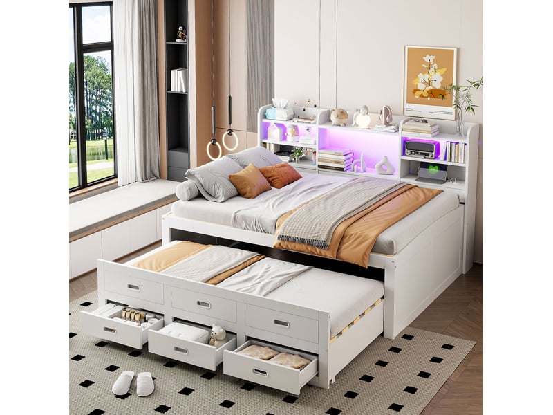 Lit gigogne 140x200 cm avec 3 tiroirs, led et ports usbtype-c, blanc  - Conforama B