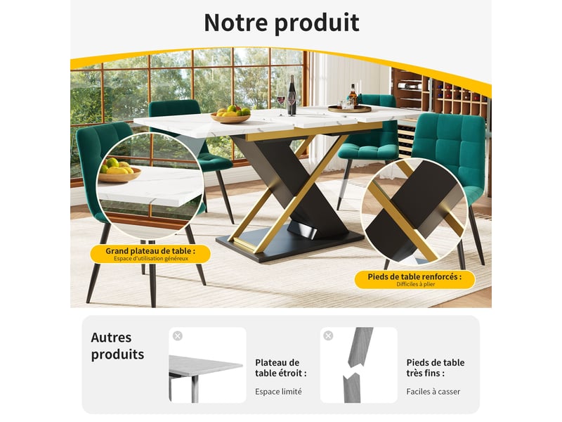  Table à manger extensible noir, rangement, fermeture douce, effet marbre, confort, solide, robuste - mdf et métal - 160x80x75.4cm  - Conforama D