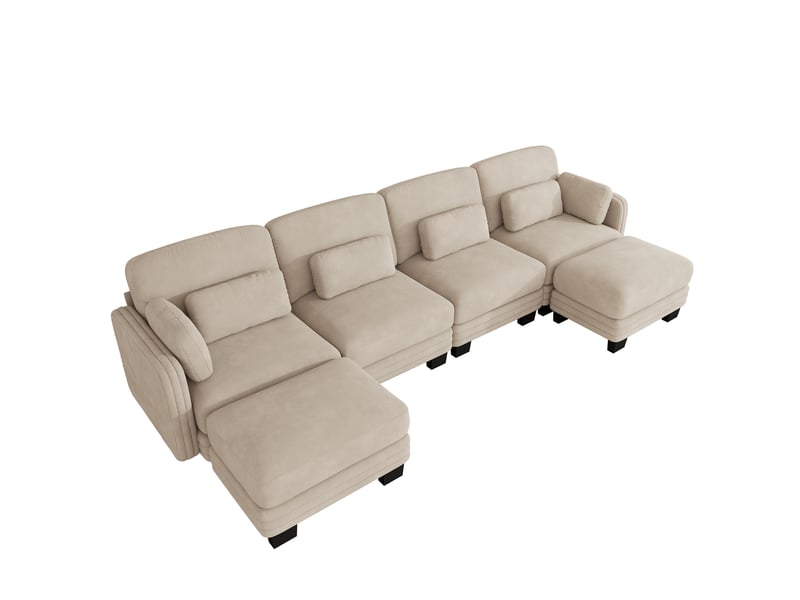  Canapé modulable u 4 places en chenille marron clair avec 2 poufs, assise large  - Conforama D