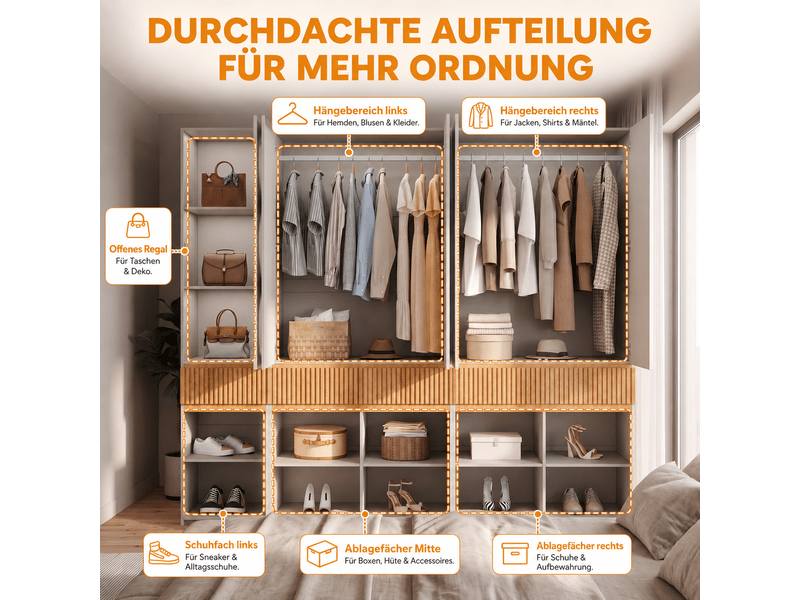  Armoire penderie 10 portes chêne clair 225x50x200 cm - 3 tiroirs 2 tringles rangement chambre  - Conforama D