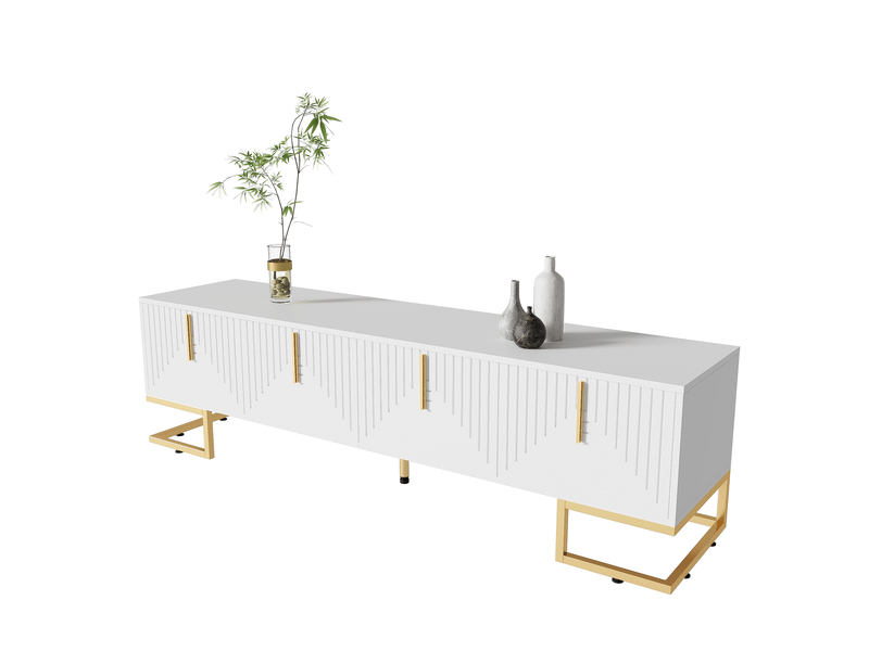Meuble tv 4 portes avec étagères intégrées et pieds réglables, salon, en panneau de particules, 170×40×45,5 cm blanc - Conforama A