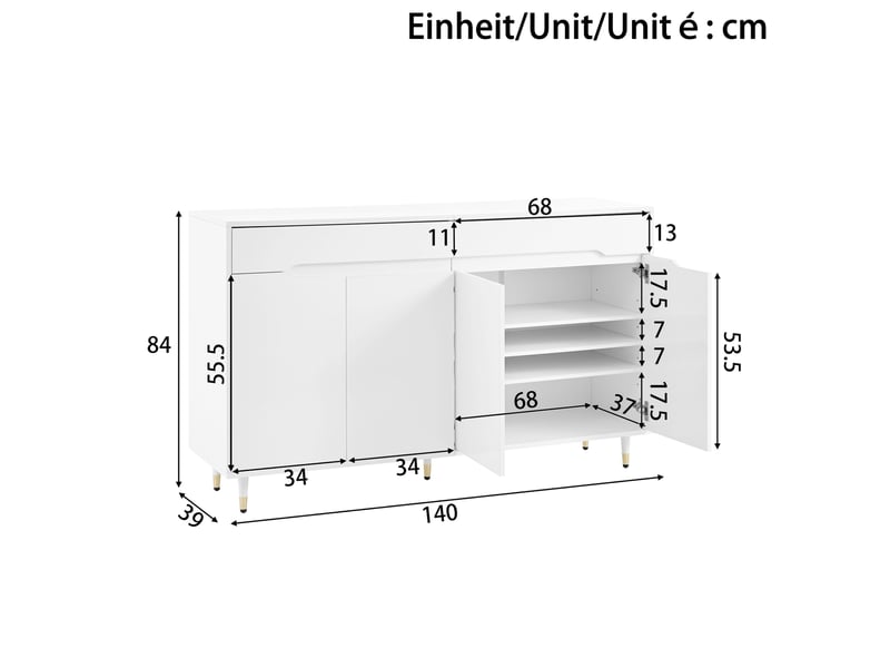  Meuble à chaussures ulevr avec rangement 18 à 24 paires, 140 x 39 x 84 cm, 2 portes, 2 tiroirs, étagères réglables, blanc et pieds dorés  - Conforama C
