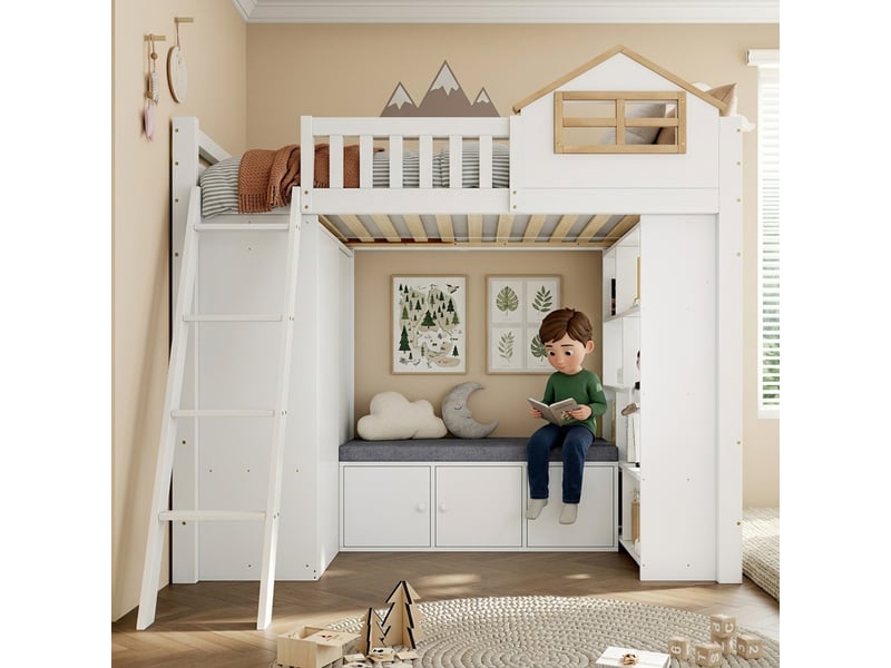 Lit mezzanine enfant 90 × 200 cm 1 place avec armoire, étagères et banquette, sans matelas, en bois blanc et naturel - Conforama C