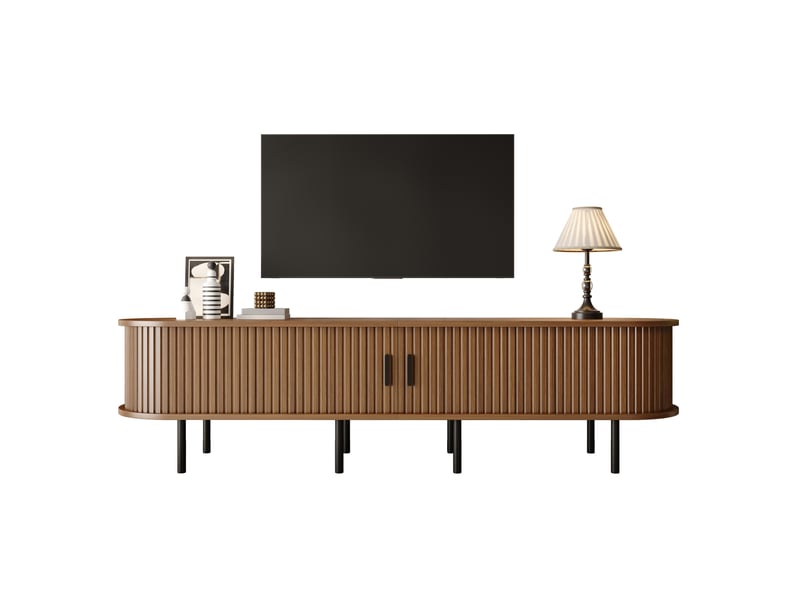  Meuble tv rectangulaire avec portes coulissantes et 2 niches ouvertes, mdf, pieds en métal, style moderne  - Conforama A