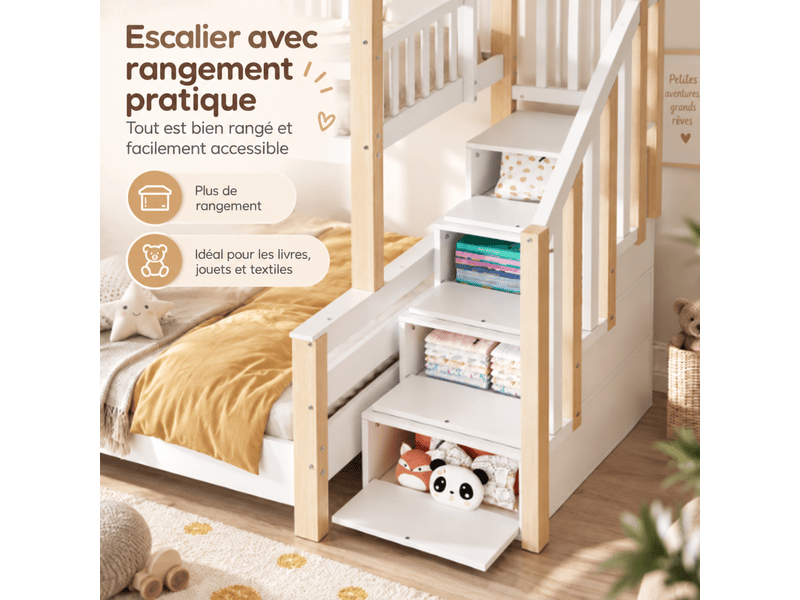  Lit superposé 3 places 90 x 200 et 140 x 200 cm avec échelle large, lit cabane en bois blanc naturel avec garde-corps et sommier à lattes  - Conforama E