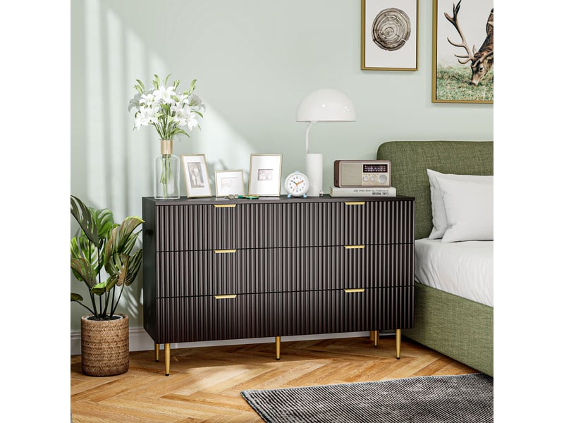 Commode 6 tiroirs commode chambre meuble de rangement moderne avec poignées et pieds dorés, noir, 120 x 40 x 76,5 cm  - Conforama W