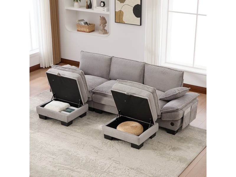  Canapé d'angle panoramique fixe 3 places tissu gris clair  - Conforama D