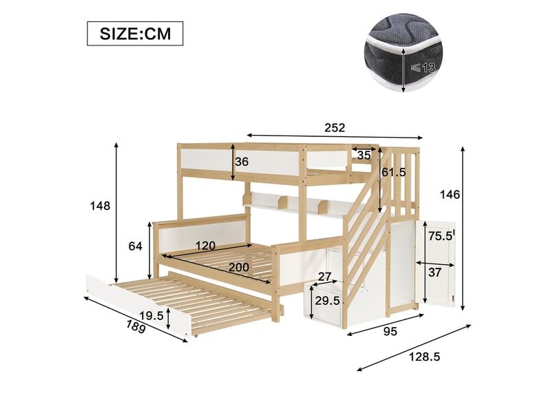  Lit superposé enfant 90x200 cm – blanc et naturel – 3 couchages avec lit gigogne et rangements – sans matelas  - Conforama C