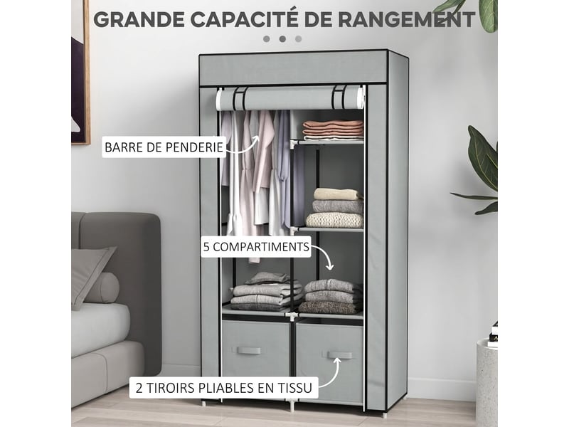  Armoire en tissu gris clair pliante avec penderie et 5 étagères, 83x42,5x162,5 cm  - Conforama E