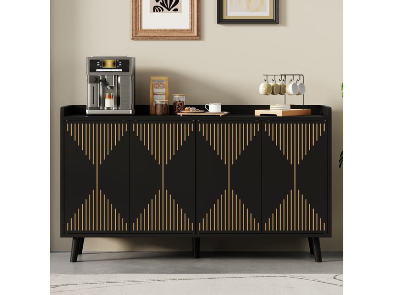  Buffet de cuisine noir 140 x 40 x 84 cm, 4 portes et étagères réglables en mdf  - Conforama D