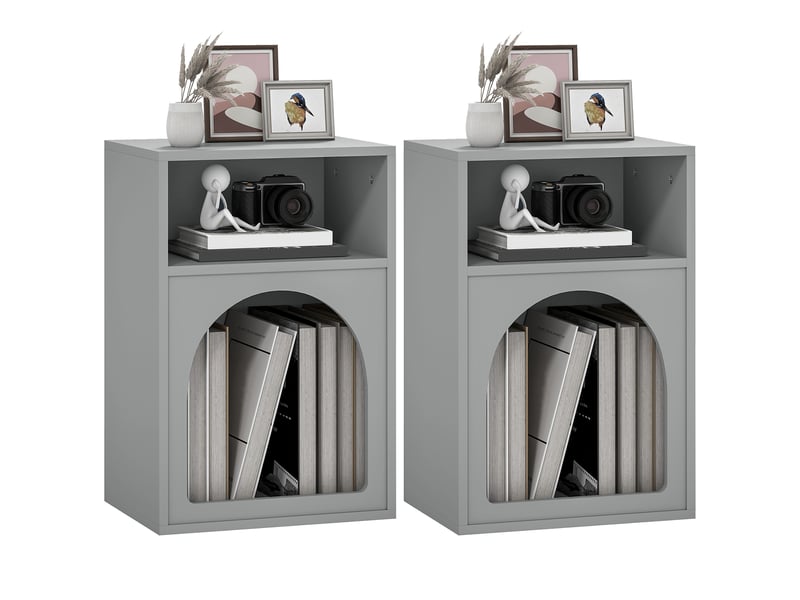  Lot de 2 tables de chevet, table de nuit avec compartiments ouverts, design arqué, 40 x 30 x 60 cm, gris  - Conforama A