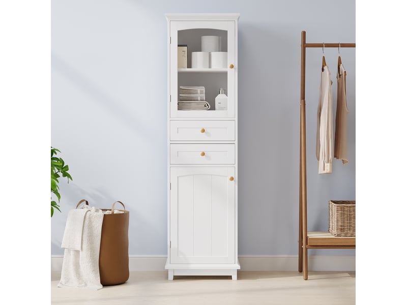  Colonne salle de bain 45x36x160 cm, portes verre, 2 tiroirs, poignées dorées, design moderne, en mdf, blanc  - Conforama D