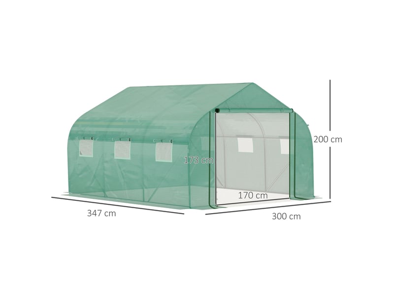  Serre tunnel jardin 3,5x3x2 m, porte + 6 fenêtres enroulables, pe 140 gm², métal galvanisé, plantesfleurs, verte.  - Conforama E