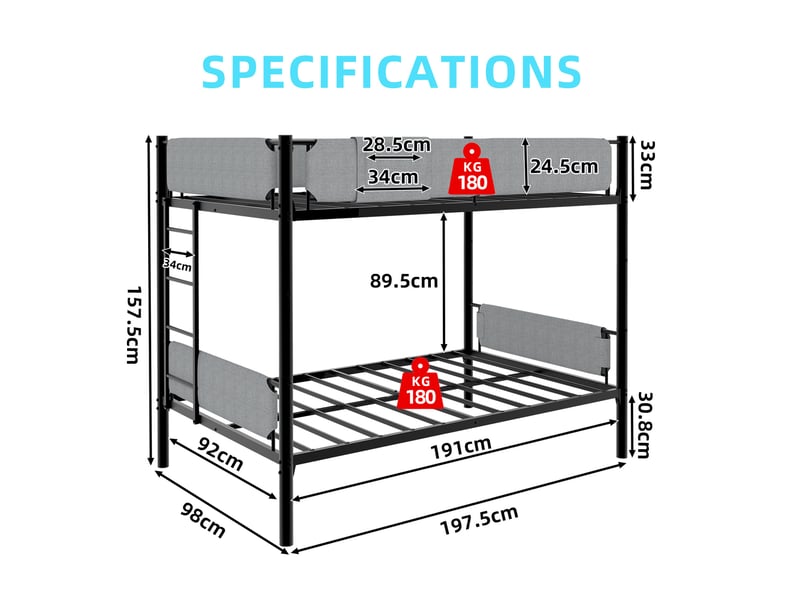  Lit superposé 90x190 cm en métal noir, transformable en 2 lits simples  - Conforama C