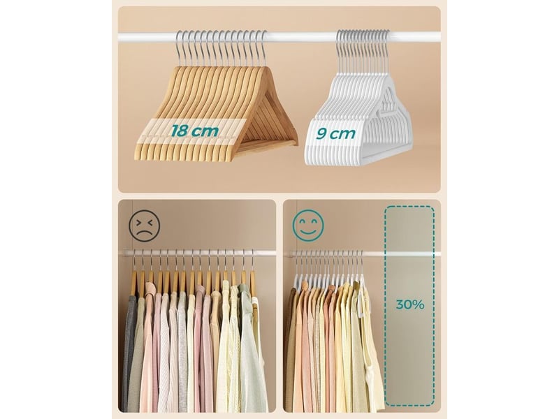  Cintre velours, lot de 50, antiglisse, avec barre, crochet pivotant à 360°, épaisseur 0,6 cm, gain de place, longueur 43,5 cm, pour manteau, robe, pantalon, blanc et argent  - Conforama D