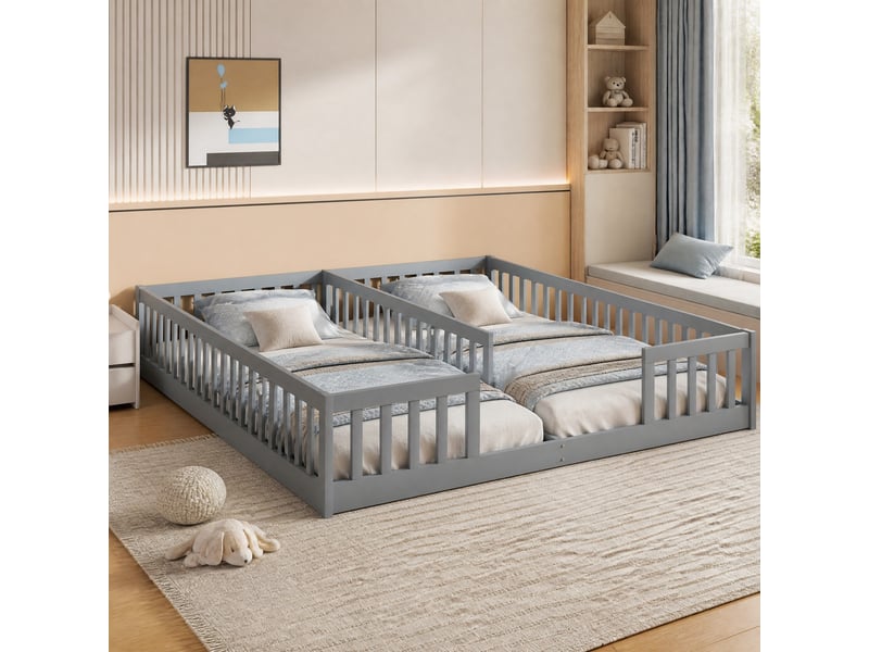  Lit enfant bas 2 places 90×200 cm, barrières de sécurité  - sans matelas, pin et mdf gris  - Conforama C
