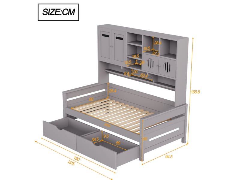  Lit avec rangement 90x200cm coloris gris bois massif lit enfant gris - Conforama C
