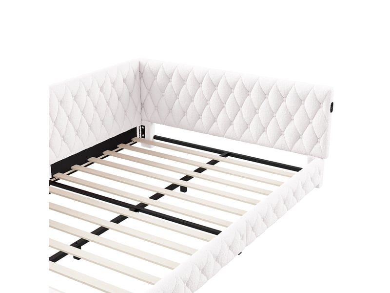  Lit banquette rembourré en tissu bouclette 140x200cm-beige - éclairage led rgb et ports usb intégrés - style cosy et moderne  - Conforama A