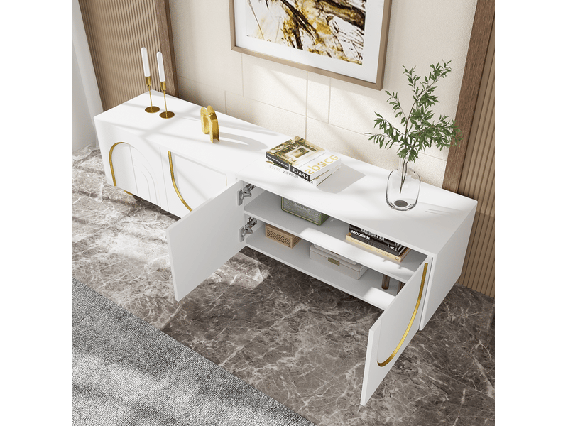  Meuble tv moderne 170x38x44 cm, le salon avec 4 portes de rangement, pieds métal doré, panneau de particules, blanc  - Conforama D