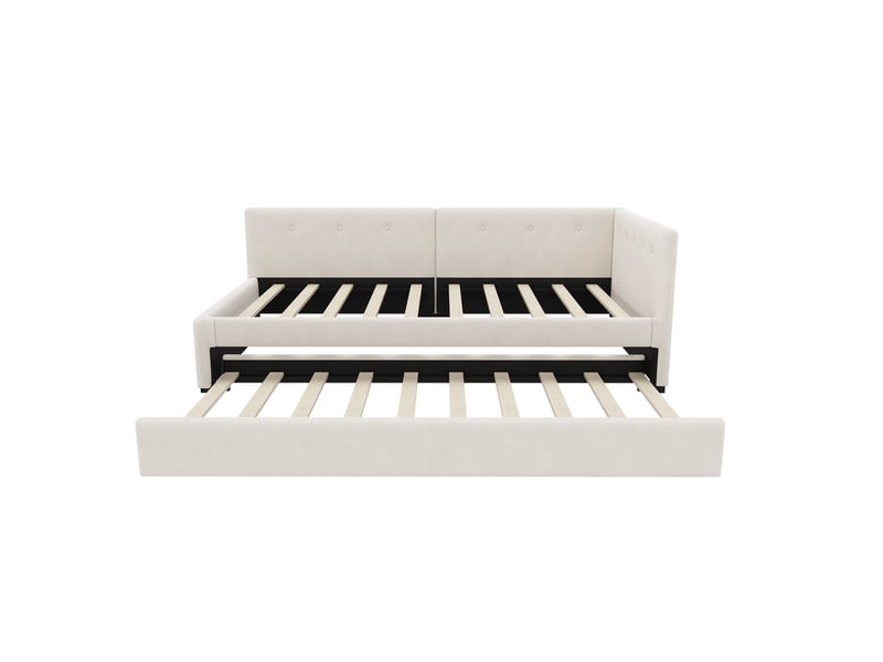 Lit banquette beige 90x200 cm avec lit gigogne, canapé-lit, style minimaliste, convertible - Conforama E