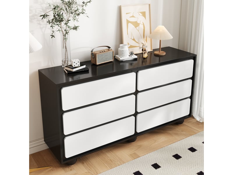  Commode avec 6 tiroirs de rangement en panneaux de particules 140×38×74,5 cm blanc et noir  - Conforama B
