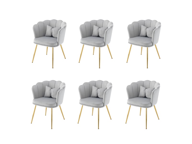  Lot de 6 fauteuils ulevr en velours gris, dossier pétale, pieds métalliques dorés, 63 x 58 x 77 cm  - Conforama D