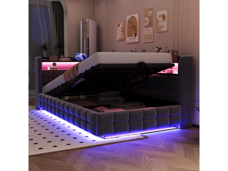  Lit banquette enfant coffre 90 x 200 cm avec led, usb, usb-c, prise et étagères, velours gris foncé Fay Lum - Conforama E