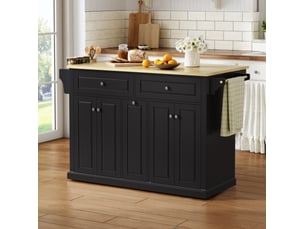 Îlot de cuisine mobile en mdf noir et bois naturel, plateau rabattable, rangement généreux et roulettes freinées