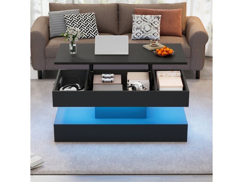 Table basse moderne led avec rangement caché et plateau relevable hydraulique – 100×50×42 cm, capacité 50 kg - Conforama B