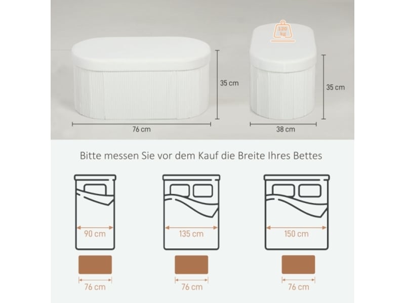 Banc coffre pliable crème effet velours, rembourré, 76x38x35 cm, pour salon - Conforama C