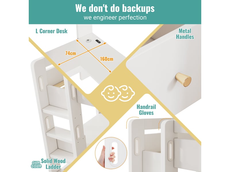  Lit mezzanine enfant 90x200 cm, tiroirs, table l, étagères,  usb type-c, sommier, bois blanc, sans matelas  - Conforama R