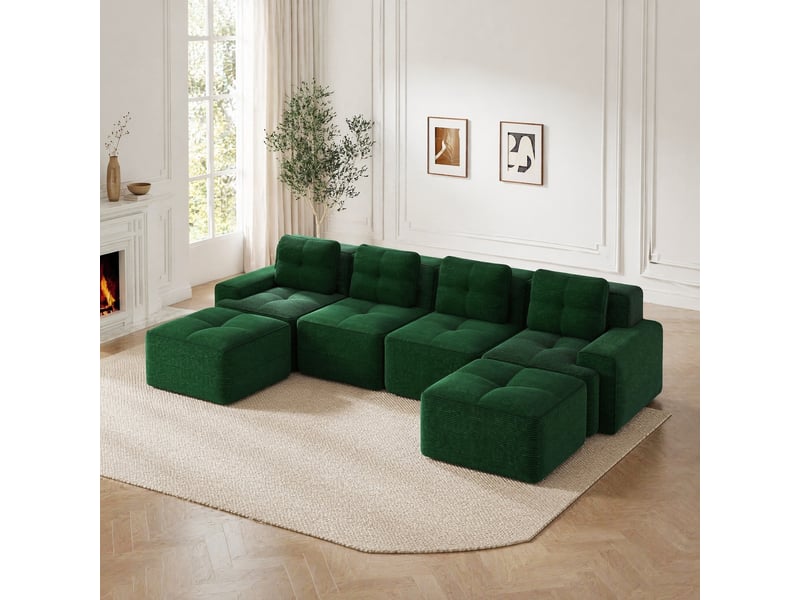  Canapé d'angle modulable 4 places en velours côtelé vert, assise profonde et confort nuage pour le salon  - Conforama B