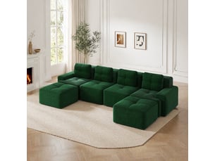 Canapé d'angle modulable 4 places en velours côtelé vert, assise profonde et confort nuage pour le salon