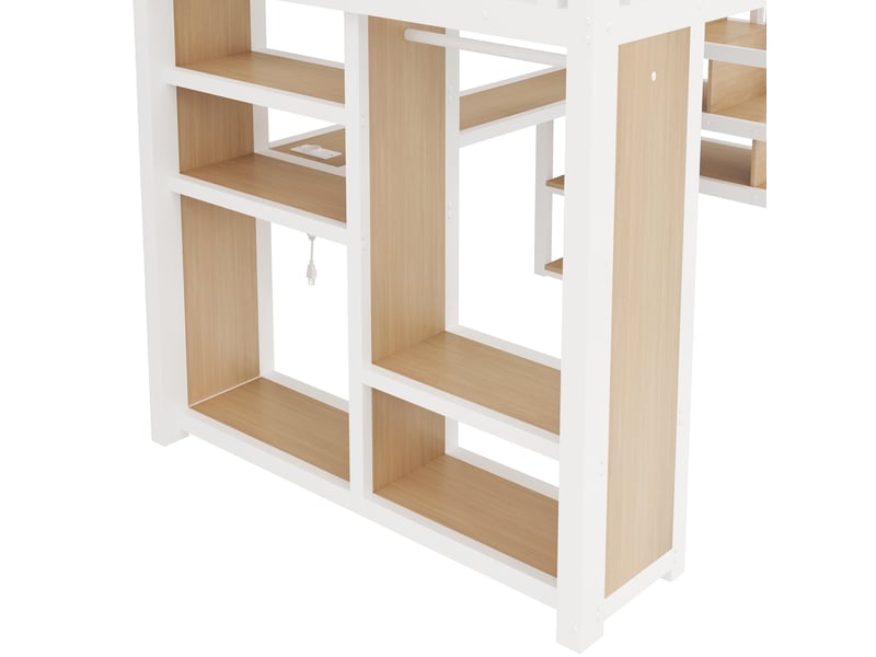  Lit mezzanine gaming 140x200 cm avec bureau, escalier de rangement, penderie ouverte, led multicolore via bluetooth, usb, garde-corps, métal blanc Radiant Stride - Conforama E