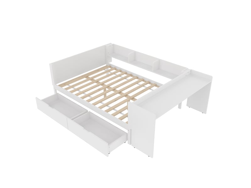  Lit enfant blanc 140x200 cm en bois, bureau, 2 tiroirs et étagères intégrés  - Conforama D
