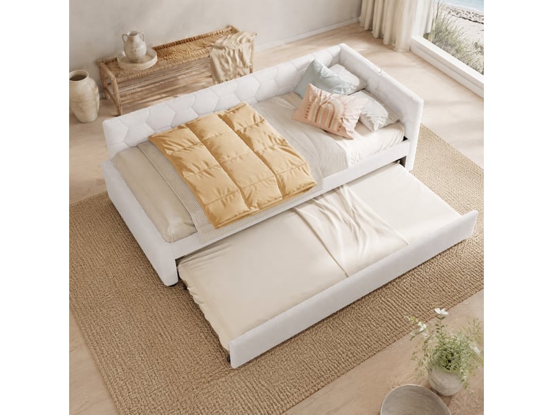 Lit banquette avec lit gigogne, sommier à lattes, lampe de chevet et ports de charge usb et type c, bouclette blanc, 90 x 200 cm - Conforama C