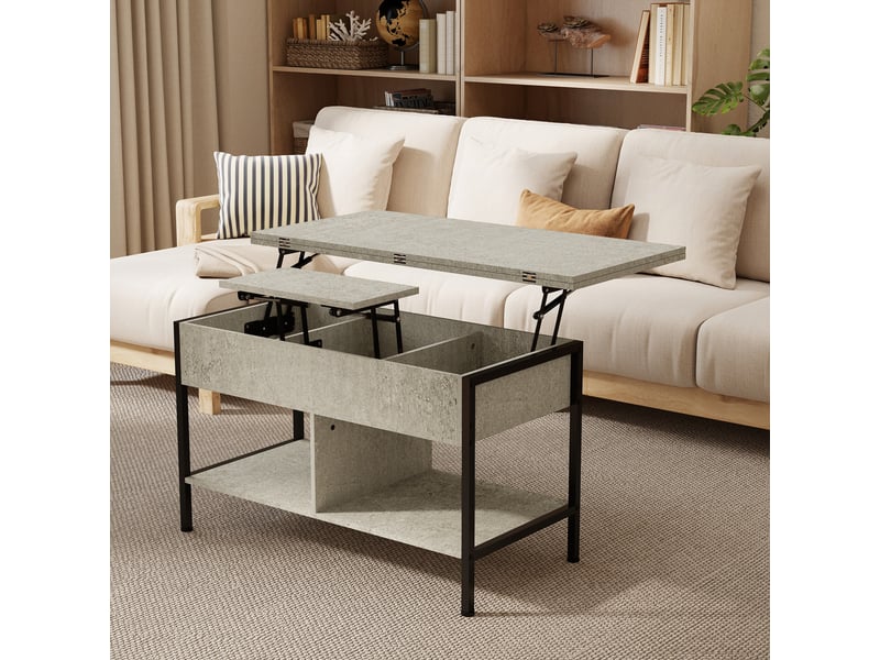  Table basse relevable et extensible, table de salon avec compartiment caché étagères ouvertes, 98x49x55cm, gris  - Conforama A